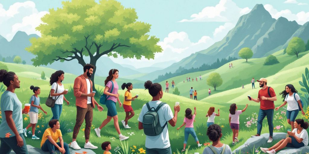 Diverse individuals exercising in a natural outdoor setting.