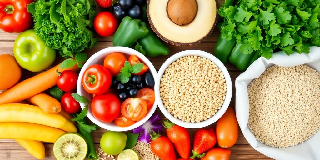 Colorful healthy meal with fruits and vegetables.