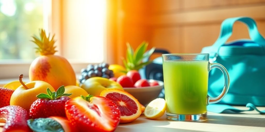 Morning scene with fruits, tea, and exercise gear.