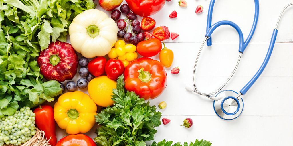Colorful fruits and vegetables with a stethoscope.