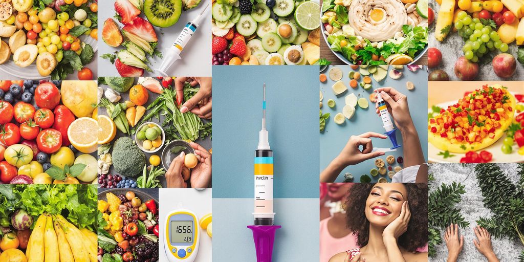 Collage of healthy foods and diabetes management tools.