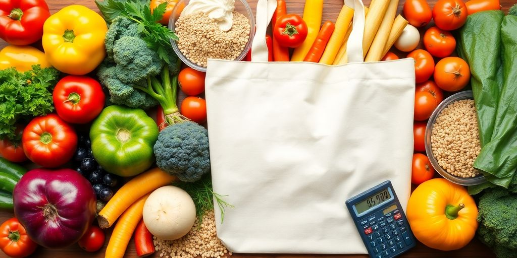 Fresh produce and grains on a table with a calculator.