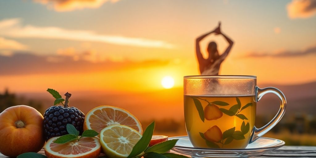 Sunrise with person stretching, fruits, and herbal tea.