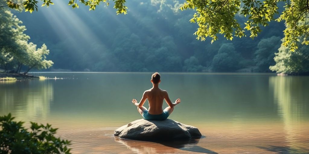 Person meditating by a tranquil lake in nature.