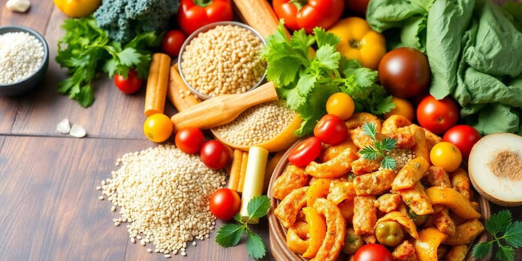 Fresh vegetables and fruits for a diabetes-friendly meal.