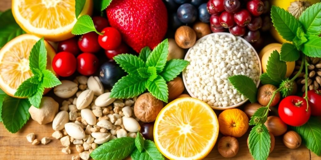 Colorful fruits, nuts, and herbs for natural energy boost.