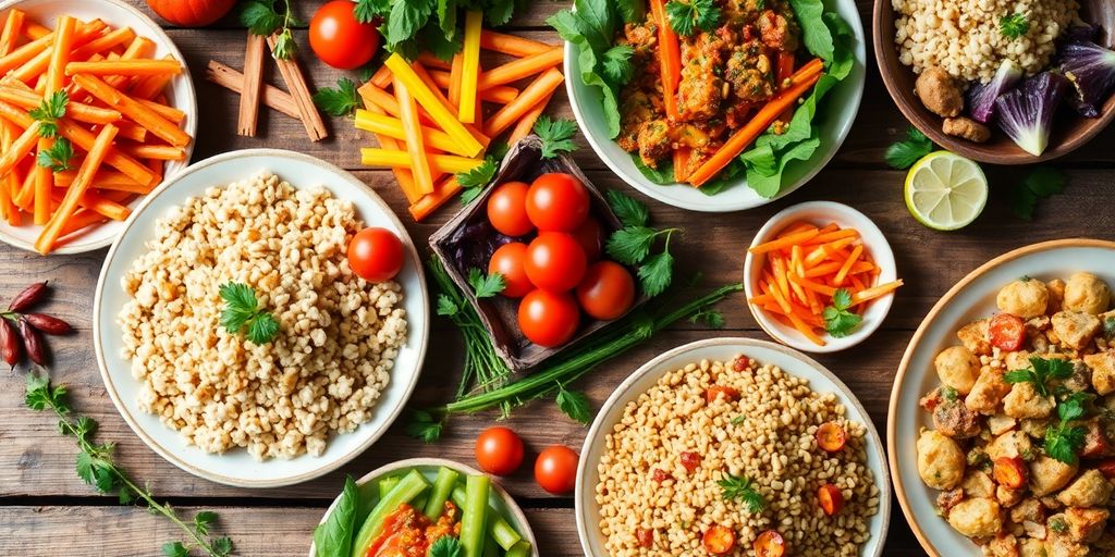 Colorful healthy dishes from the diabetes cookbook on table.