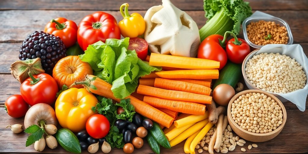 Colorful fruits and vegetables on a wooden table.