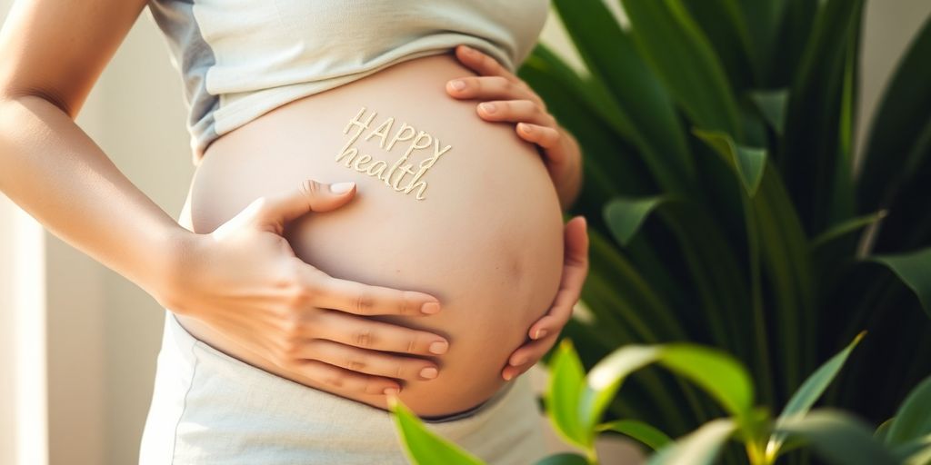 Pregnant woman with hands on belly in nature.