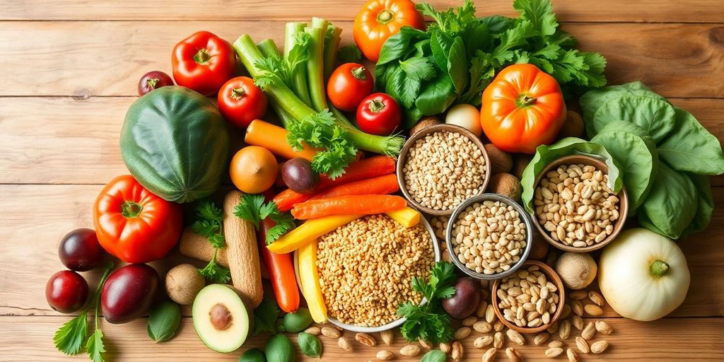 Fresh fruits and vegetables arranged on a wooden table.