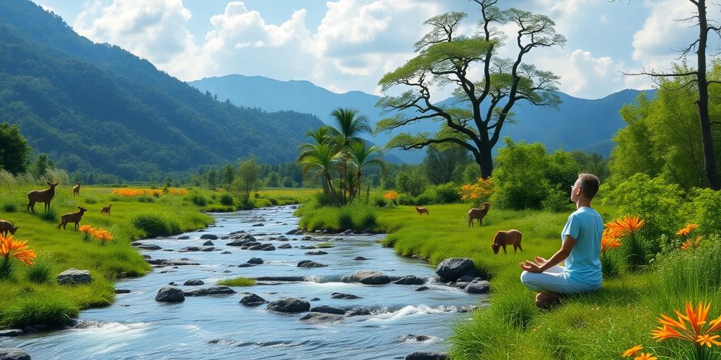 Person meditating in a peaceful natural setting.