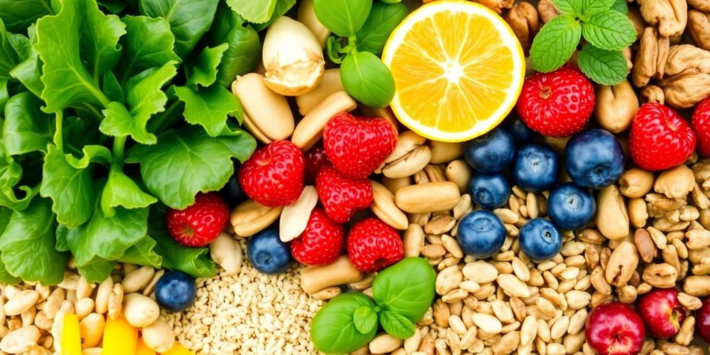Colorful array of natural foods for diabetes management.