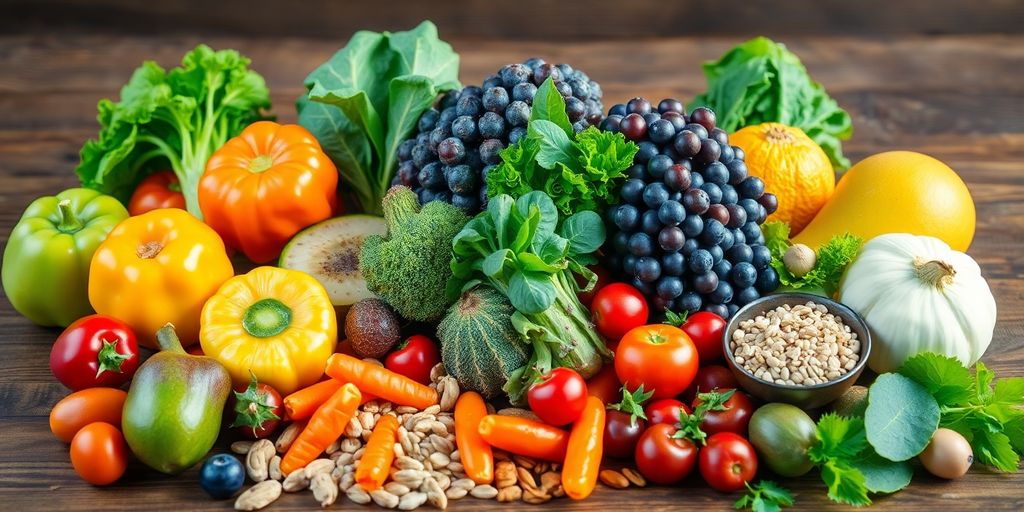 Colorful fruits, vegetables, nuts, and grains on a table.
