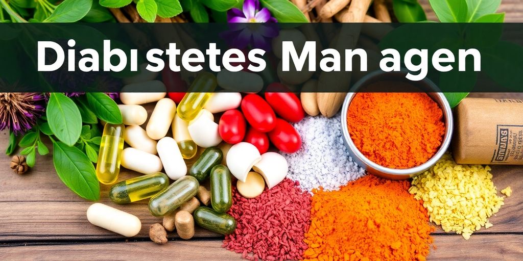 Colorful natural supplements for diabetes management on wooden surface.