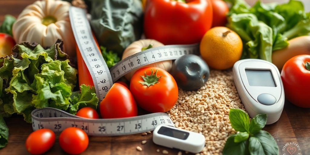 Healthy foods and diabetes management tools on a table.