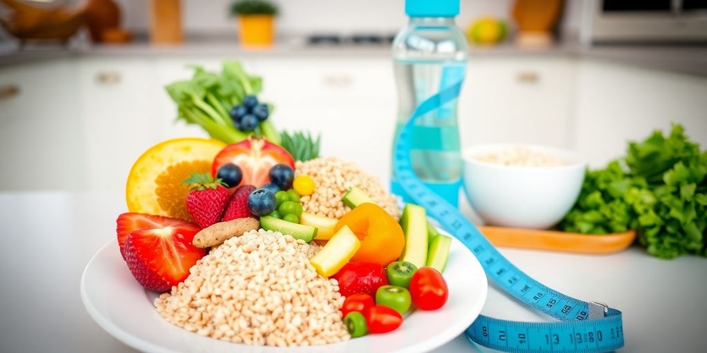 Colorful healthy foods and lifestyle items on a table.