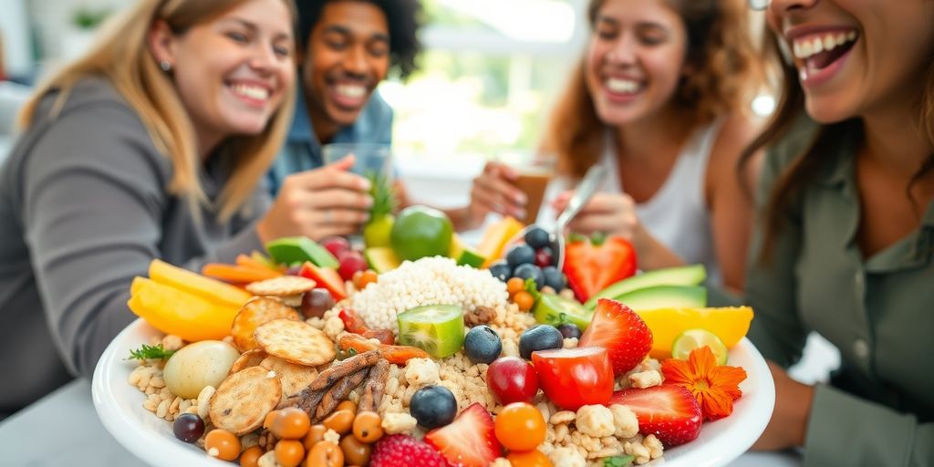 A vibrant plate of healthy food with smiling people.