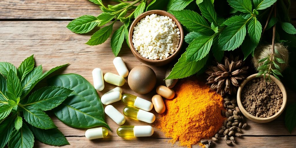 Natural supplements for diabetes on a wooden surface.