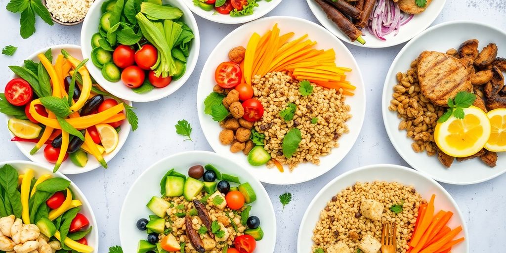 Colorful healthy meals on plates with fresh ingredients.