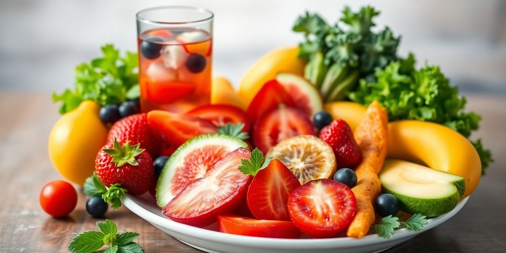 Fresh fruits and vegetables with infused water on a plate.