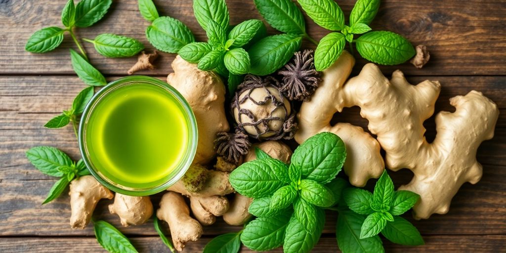 Assorted herbs for weight loss on a wooden surface.