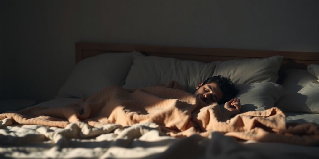 Person sleeping peacefully in a cozy, softly lit bedroom.