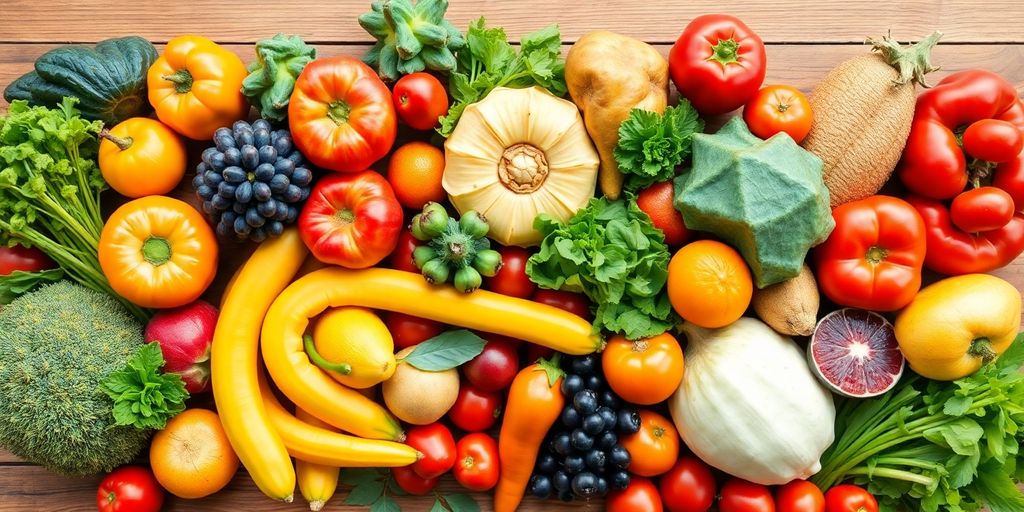 Colorful fruits and vegetables on a wooden table.