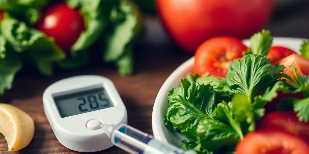 Blood glucose meter and healthy meal with syringe.