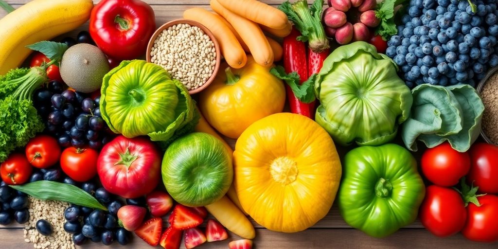 A colorful spread of healthy foods on a table.