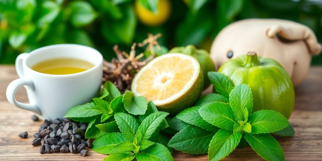 Assorted natural herbs for weight loss on a wooden table.
