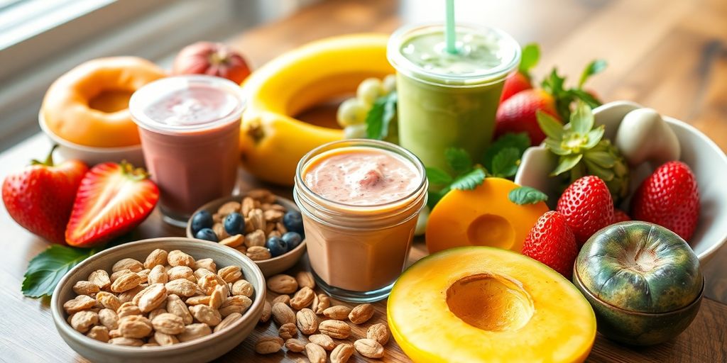 Healthy snacks and smoothie on a wooden table.
