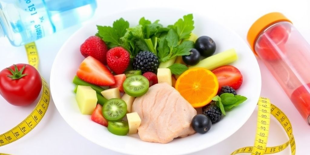 Healthy meal with fruits, vegetables, and protein for weight loss.