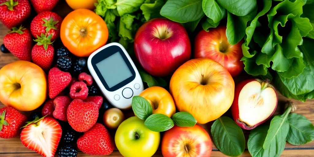 Fruits and vegetables with a glucose meter on a table.