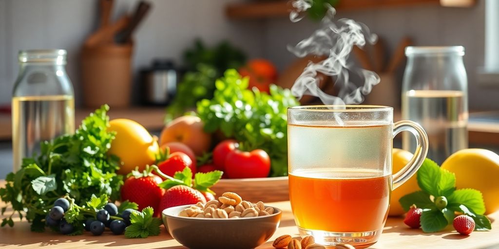 Colorful kitchen with fruits, herbs, and herbal tea.