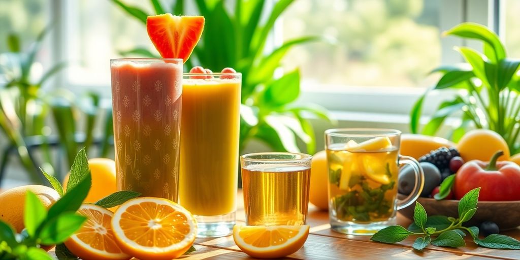 Fresh fruits and herbal tea on a bright morning table.