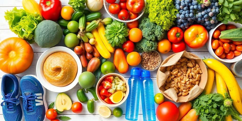 Colorful fruits, vegetables, and fitness items for healthy lifestyle.