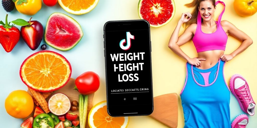 Healthy foods, workout gear, and TikTok smartphone collage.