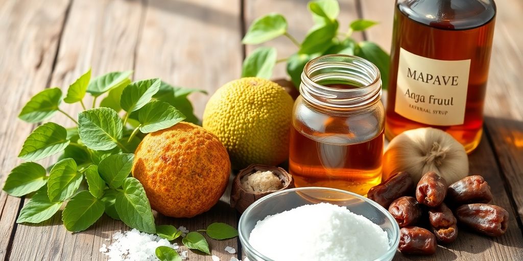 Natural sweeteners: stevia, monk fruit, erythritol, agave, dates, maple syrup.