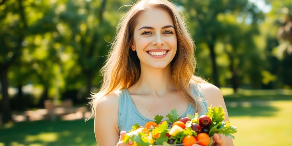 Woman smiling, eating healthy, exercising outdoors.