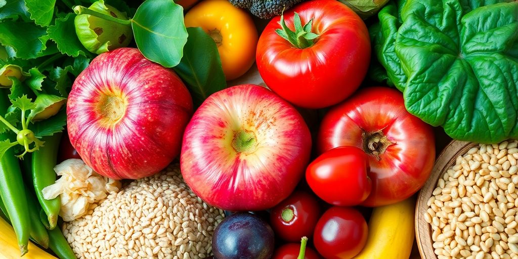 Colorful fruits, vegetables, and whole grains.