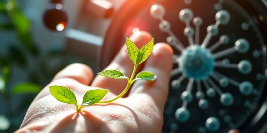 Green plant, human hands, blood drop, molecular structure.