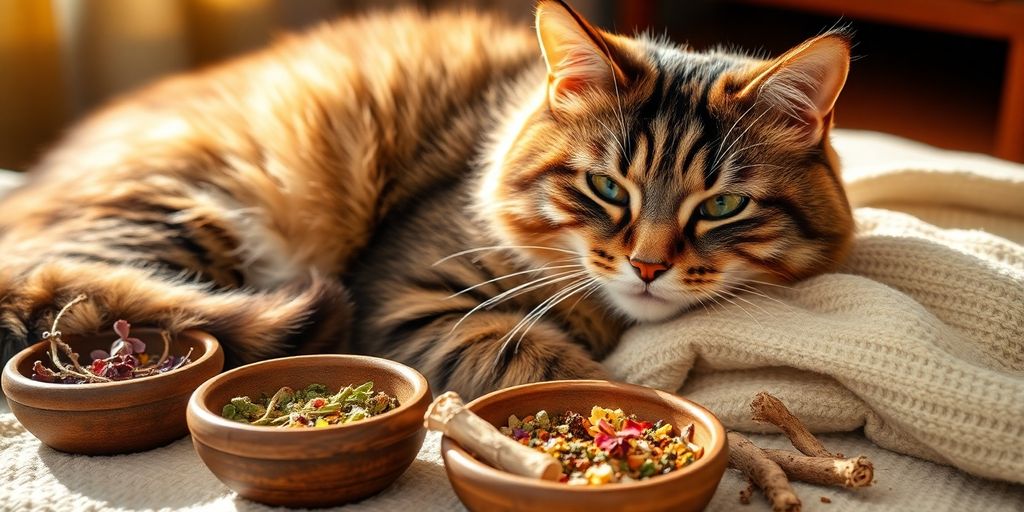 Cat near natural remedies, peaceful home setting.