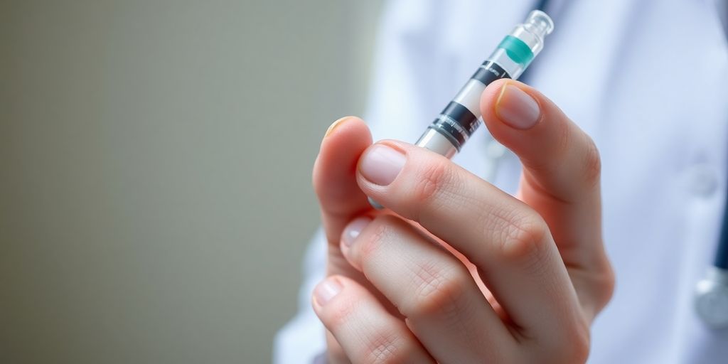 Close-up of a person's hand holding an insulin pen.