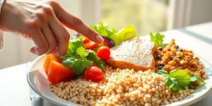 Healthy meal with nutritionist's hand guiding portion.