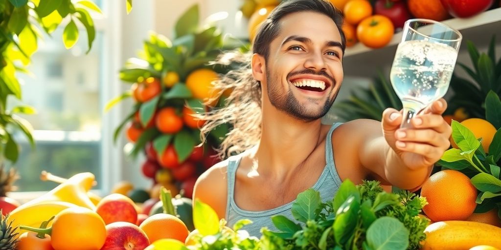 Vibrant fruits, sun, person feeling energetic.
