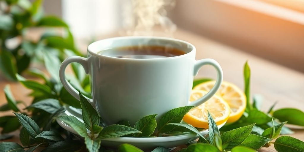 Green tea leaves and steaming cup.