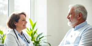 Natural diabetes doctor and patient talking in clinic.