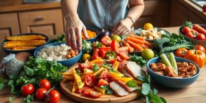 Colorful healthy food and a woman's hands over 40.