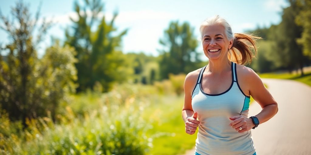 Woman over 40 exercising outdoors, smiling