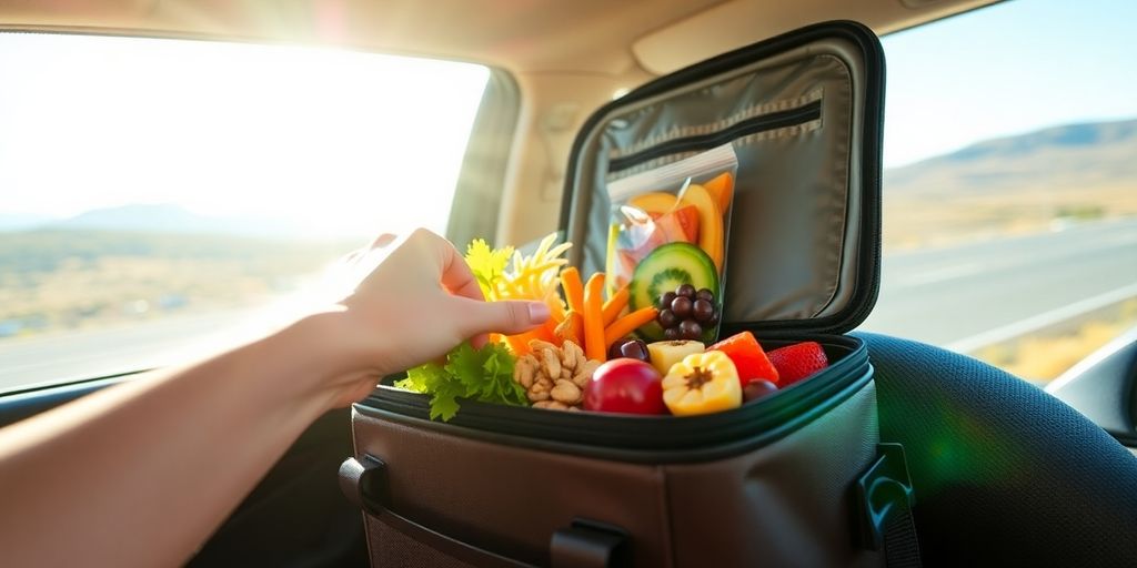 Healthy road trip snacks in a car.